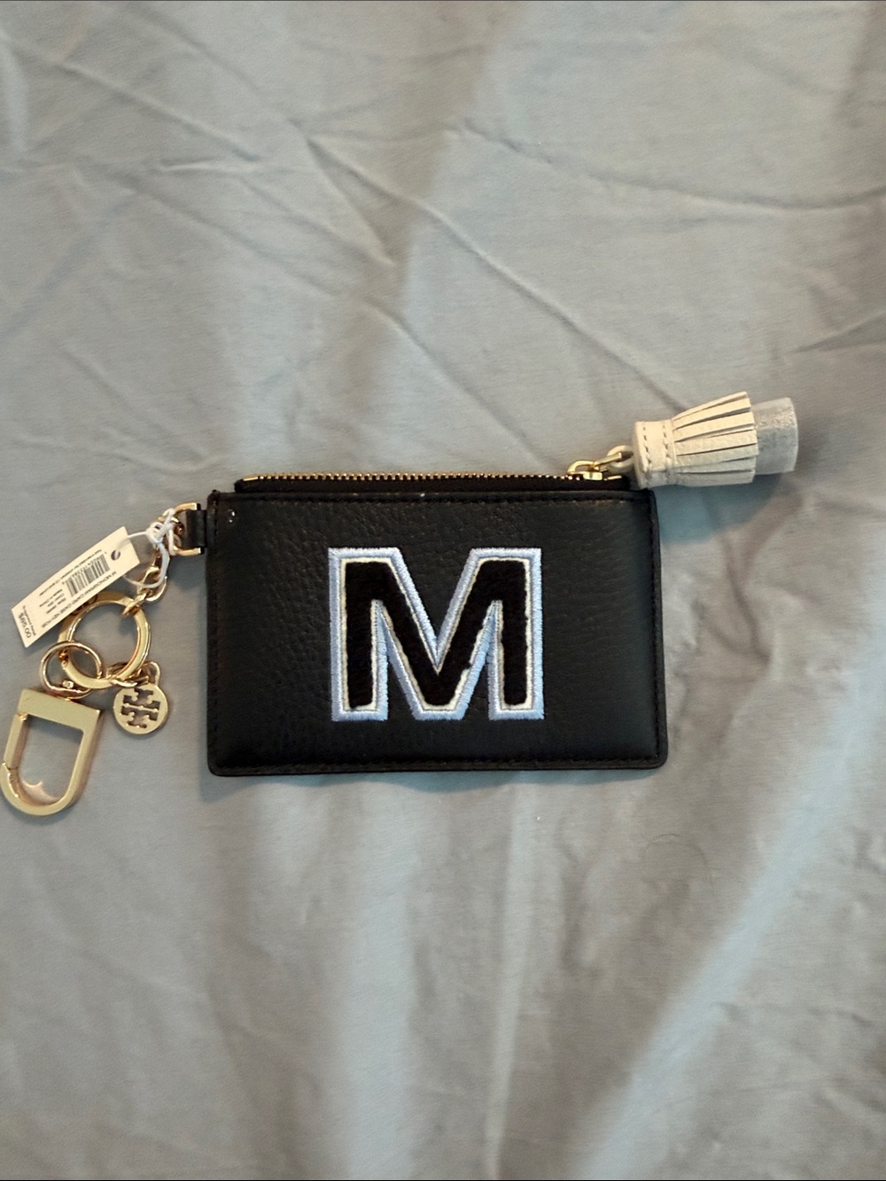 Tory Burch Black Leather Card Case with White 'M' Patch and Gold Hardware